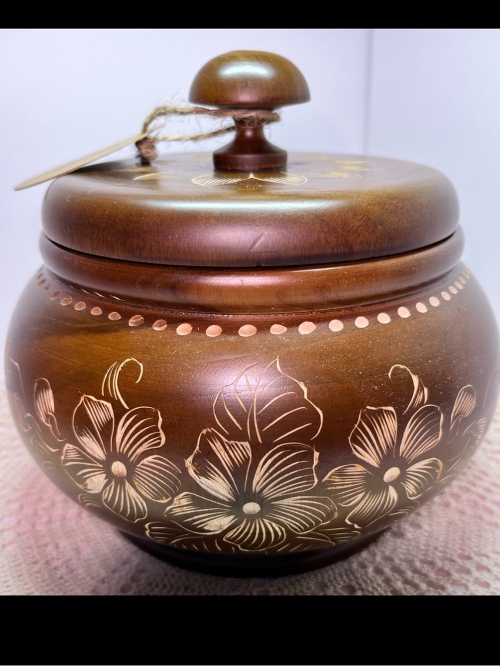 Hand-Carved Teak Wood Trinket Box Floral Engraved Lid Bowl India Artisan Decor